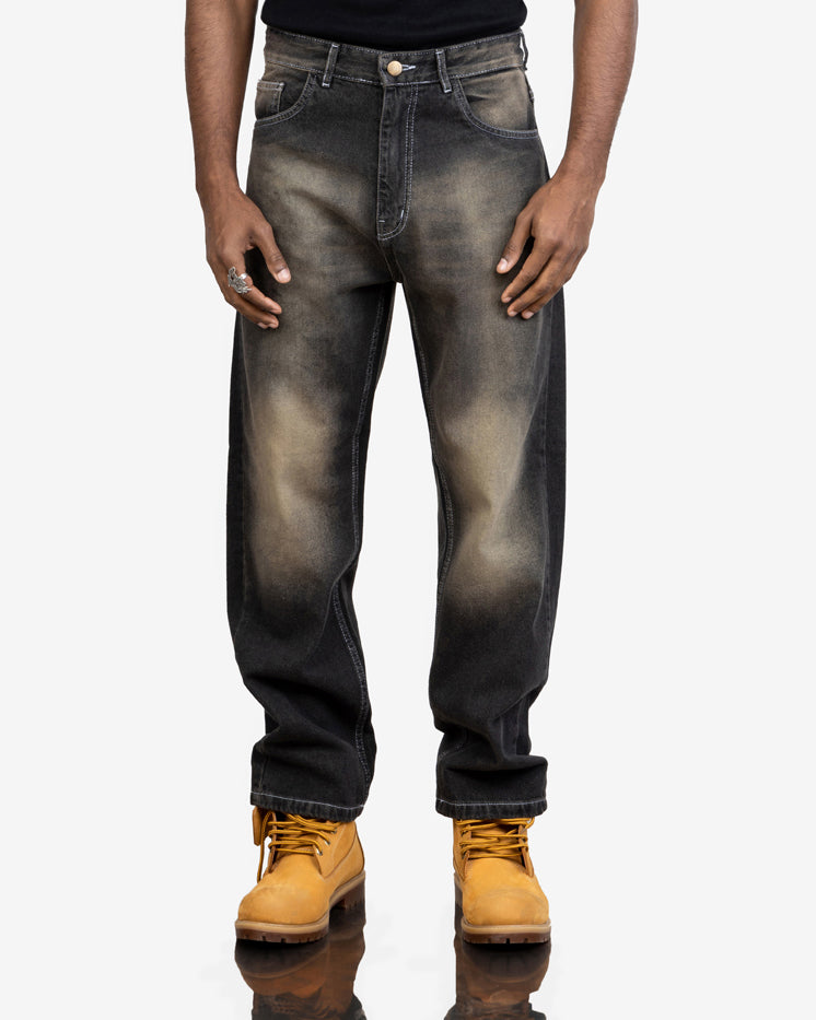 Streetwear Baggy Fit Jeans In Black With Yellow Wash