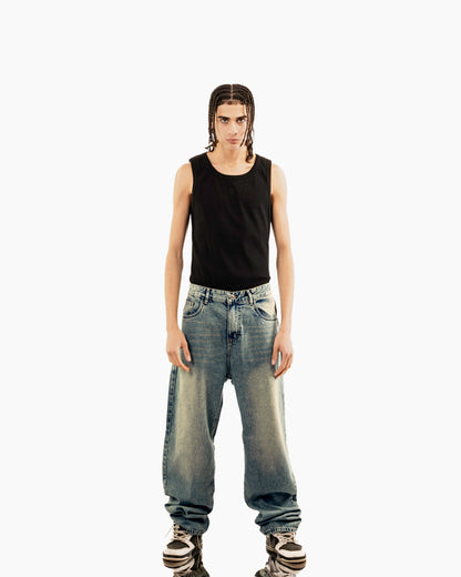 Streetwear Baggy Fit Jeans In Blue With Yellow Wash