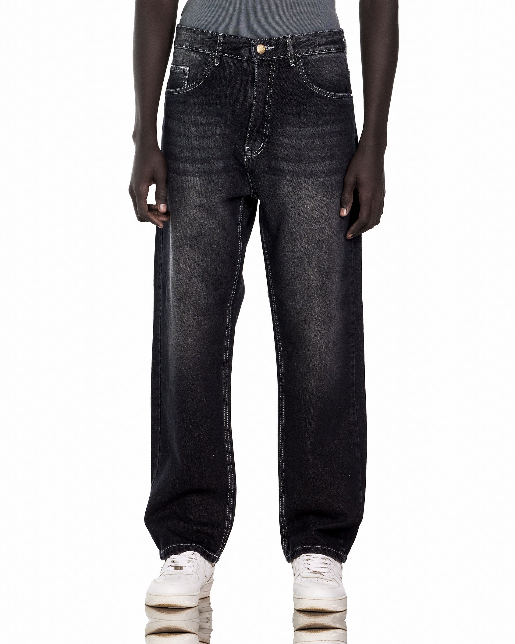 Black Baggy Jeans With White Stitch - Main Image