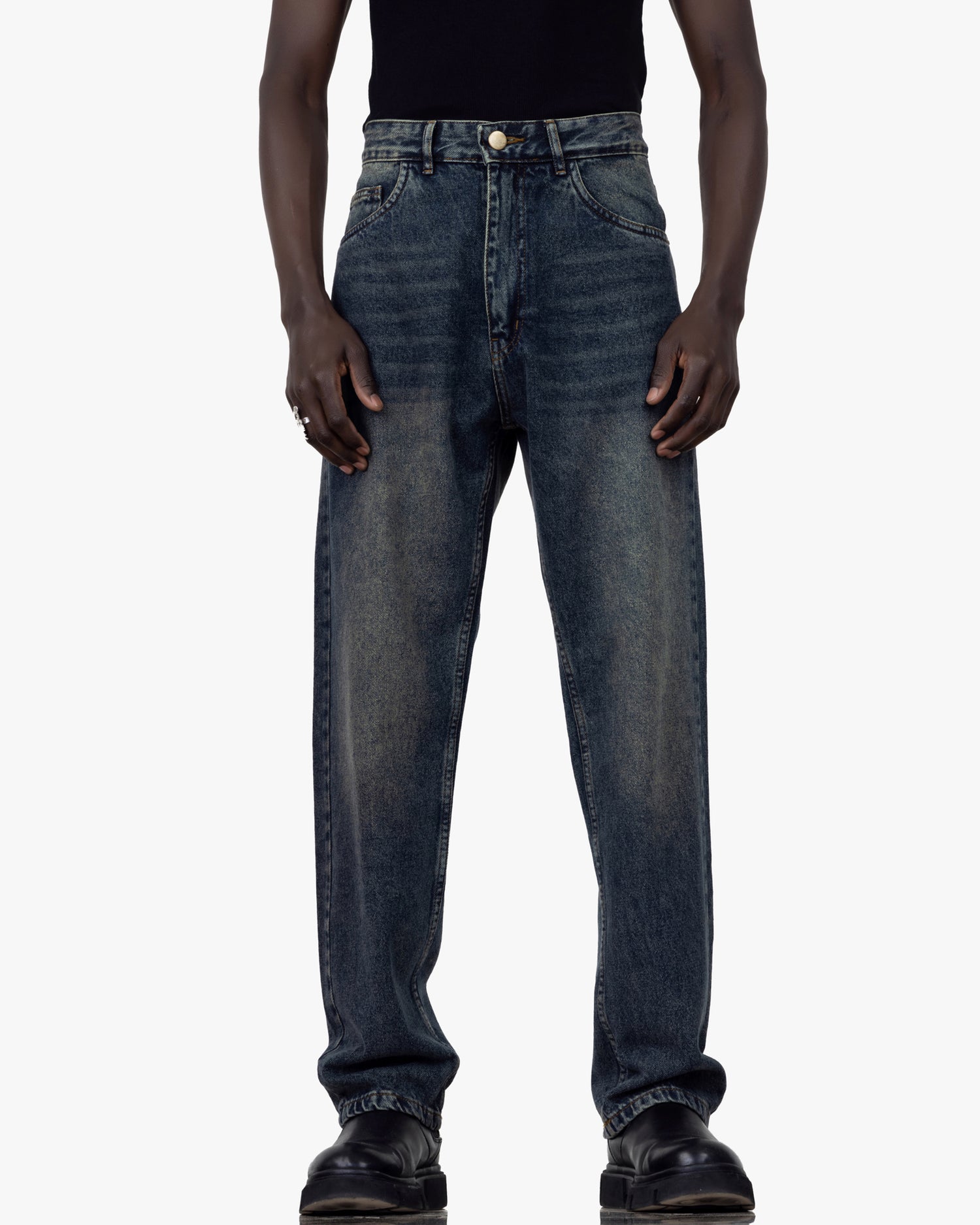 Streetwear Baggy Fit Jeans In Blue With Yellow Wash
