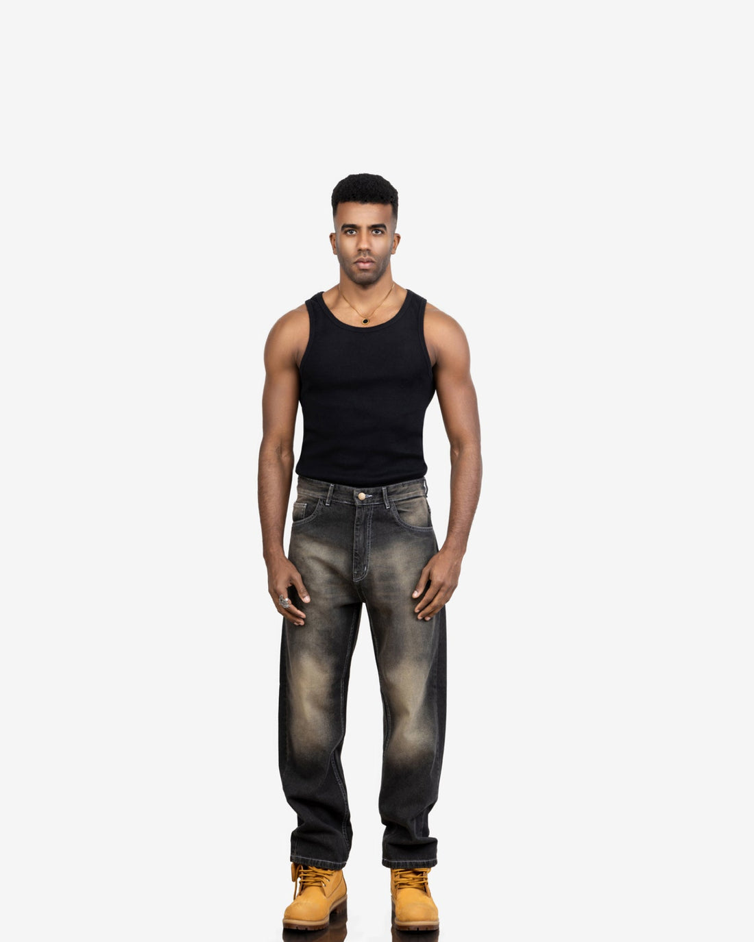 Streetwear Baggy Fit Jeans In Black With Yellow Wash