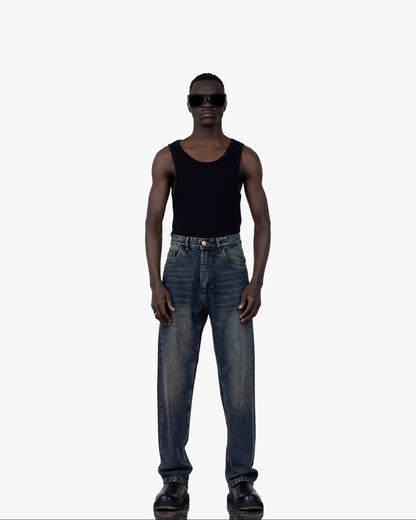Streetwear Baggy Fit Jeans In Blue With Yellow Wash