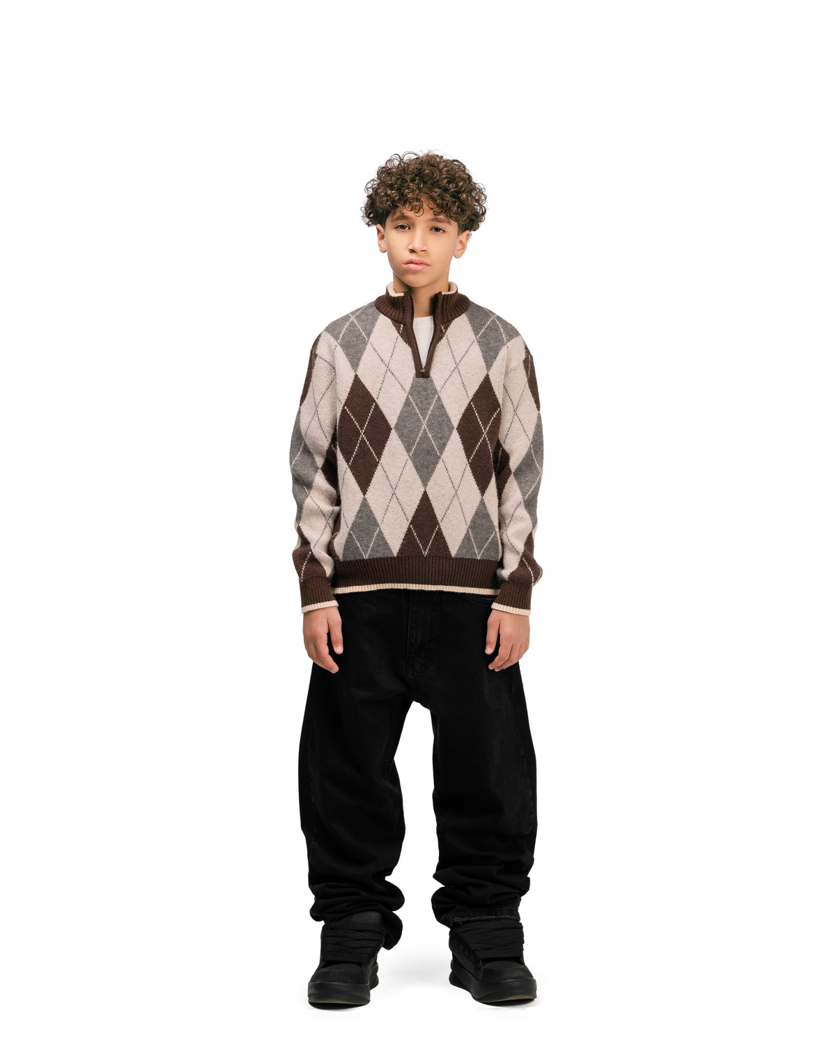 Kids Streetwear Argyle Half-Zip Sweater