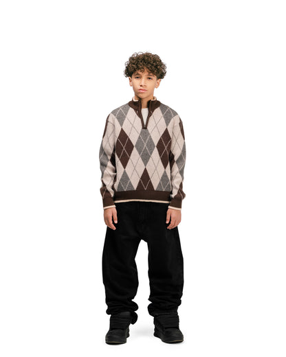 Kids Streetwear Argyle Half-Zip Sweater