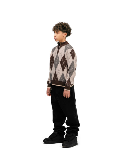 Kids Streetwear Argyle Half-Zip Sweater