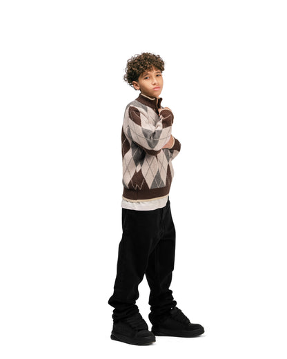 Kids Streetwear Argyle Half-Zip Sweater