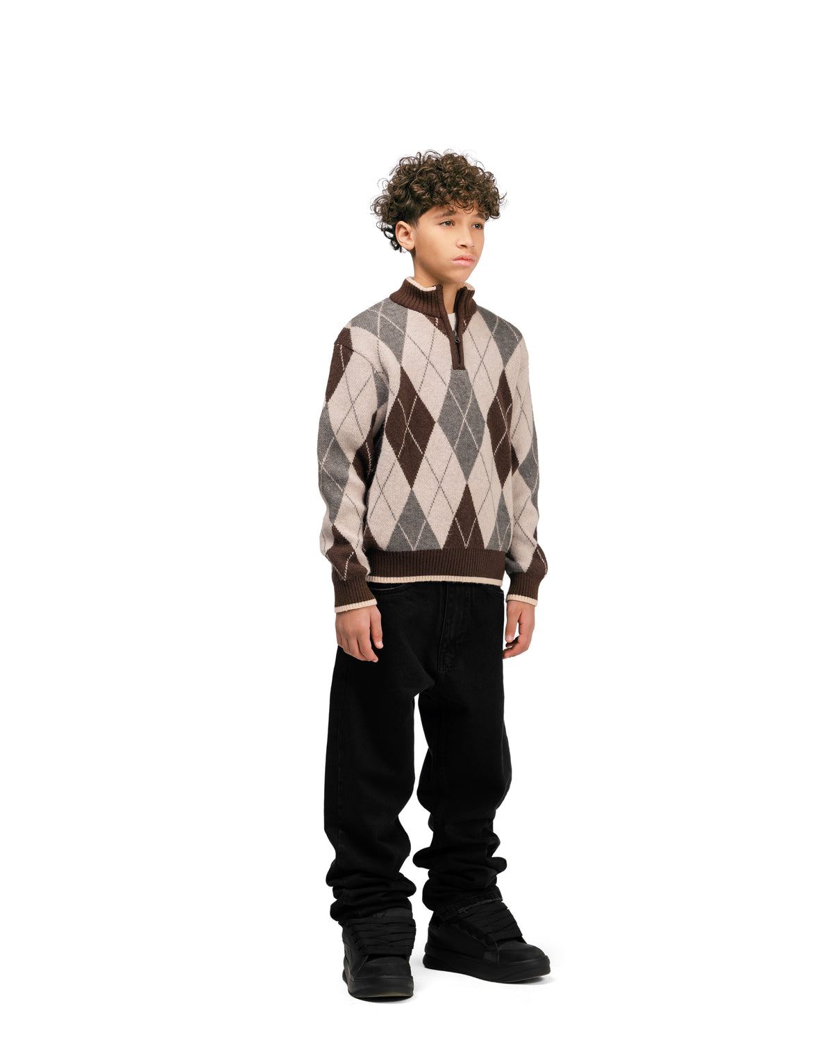 Kids Streetwear Argyle Half-Zip Sweater