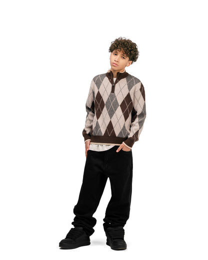 Kids Streetwear Argyle Half-Zip Sweater
