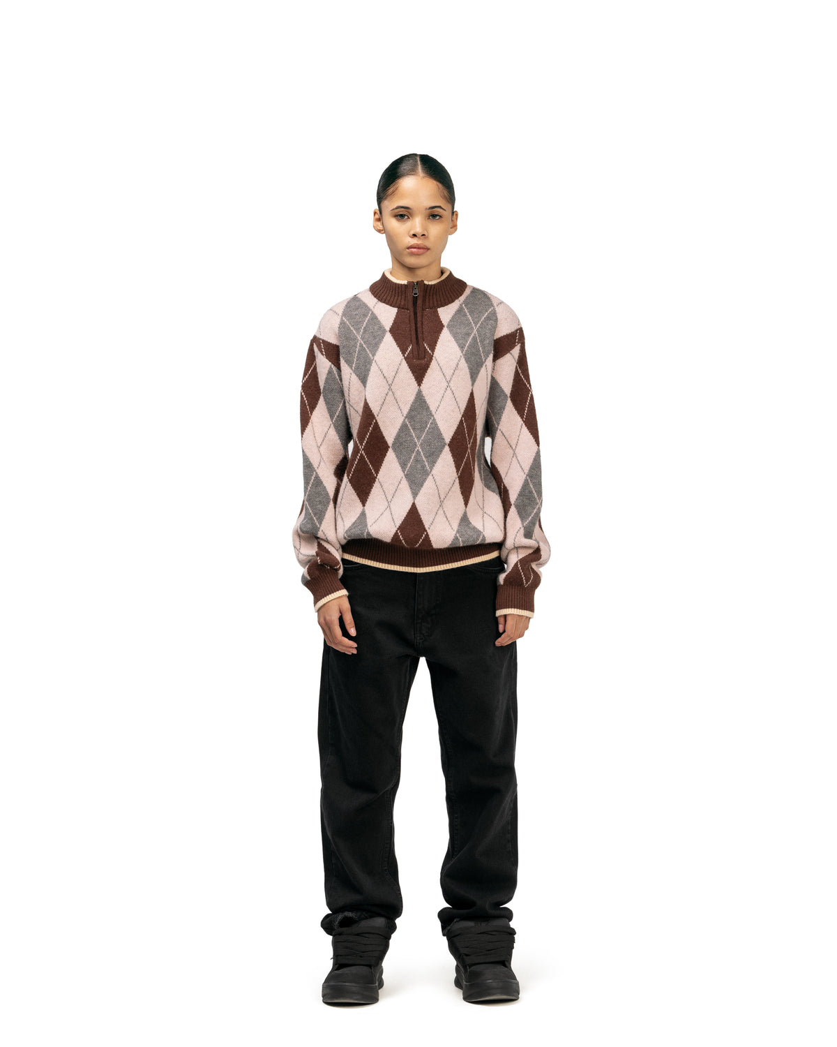 Streetwear Argyle Half-Zip Sweater
