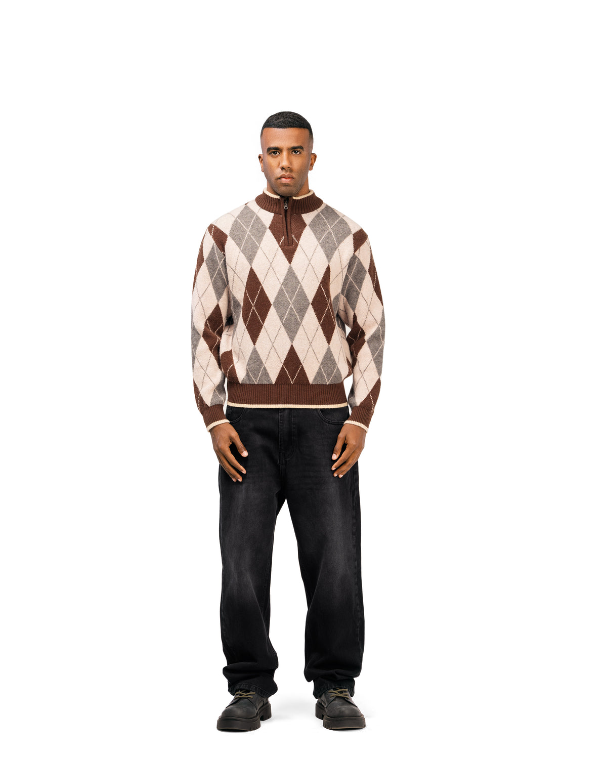 Streetwear Argyle Half-Zip Sweater