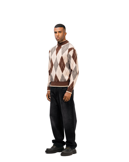 Streetwear Argyle Half-Zip Sweater