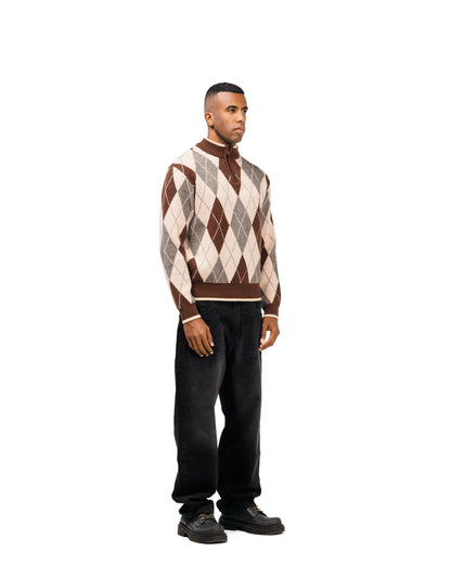 Streetwear Argyle Half-Zip Sweater