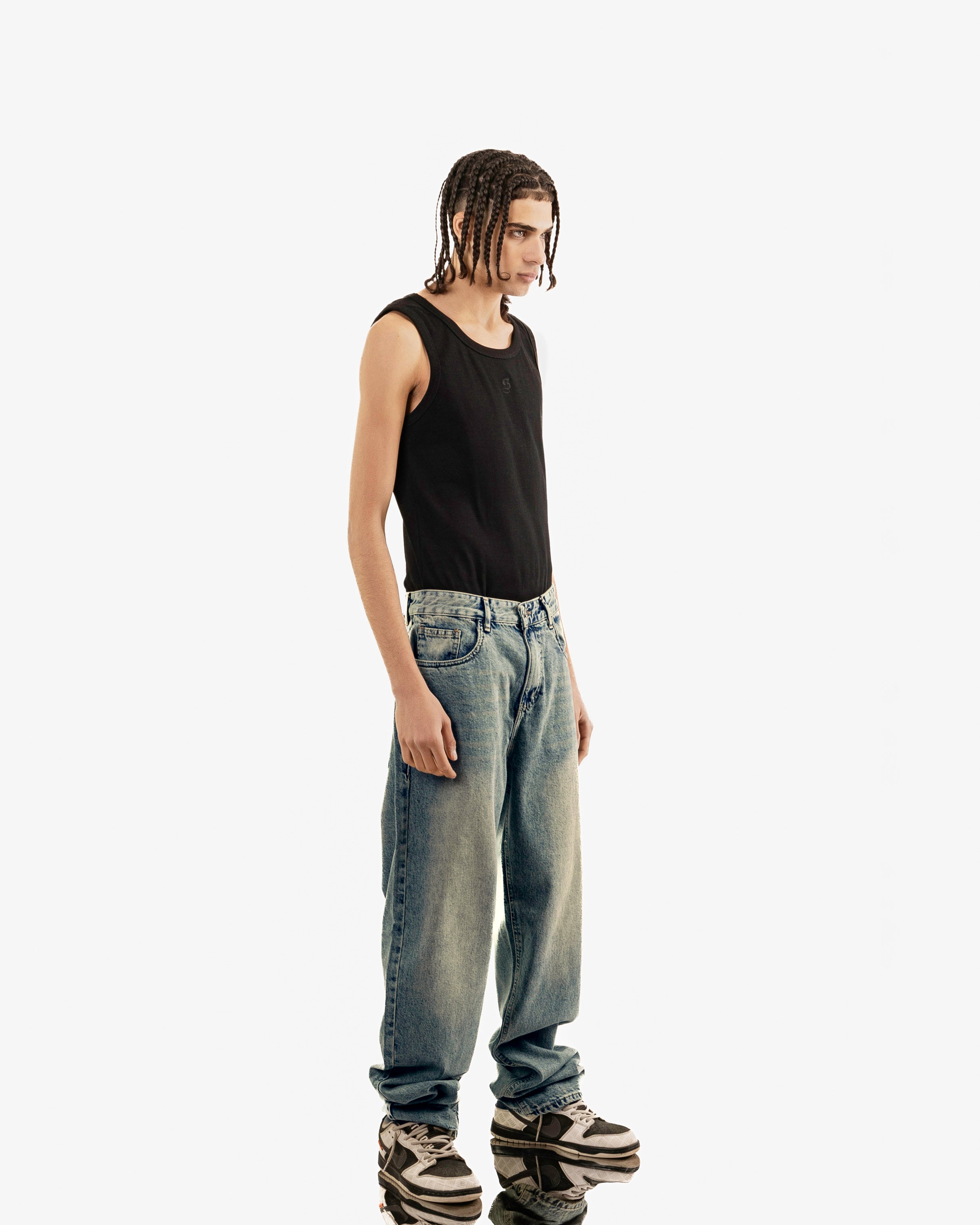Streetwear Baggy Fit Jeans In Blue With Yellow Wash