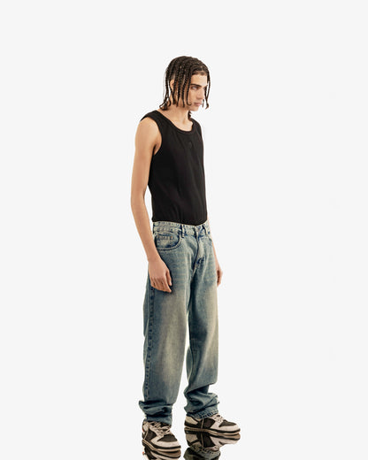 Streetwear Baggy Fit Jeans In Blue With Yellow Wash