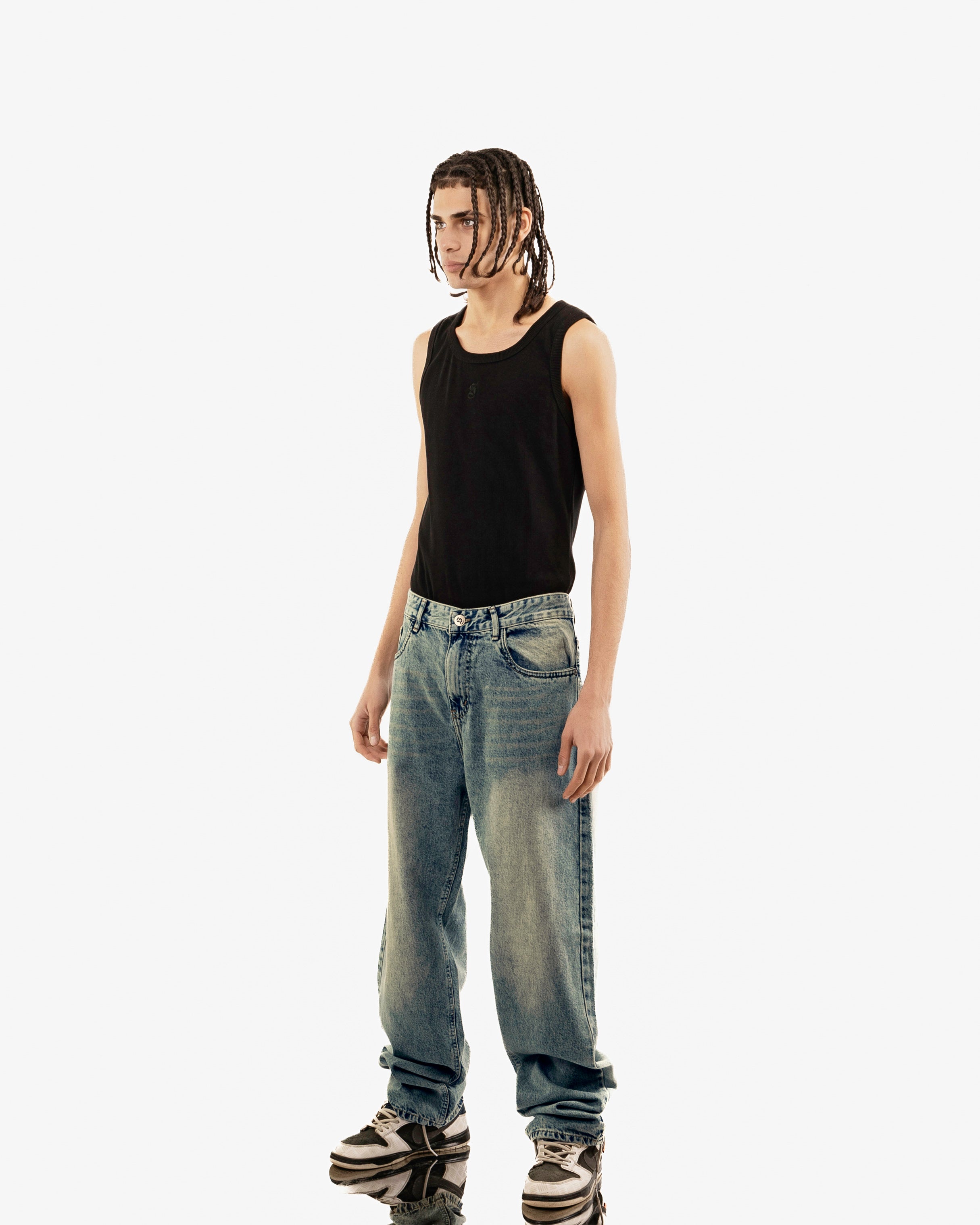 Streetwear Baggy Fit Jeans In Blue With Yellow Wash